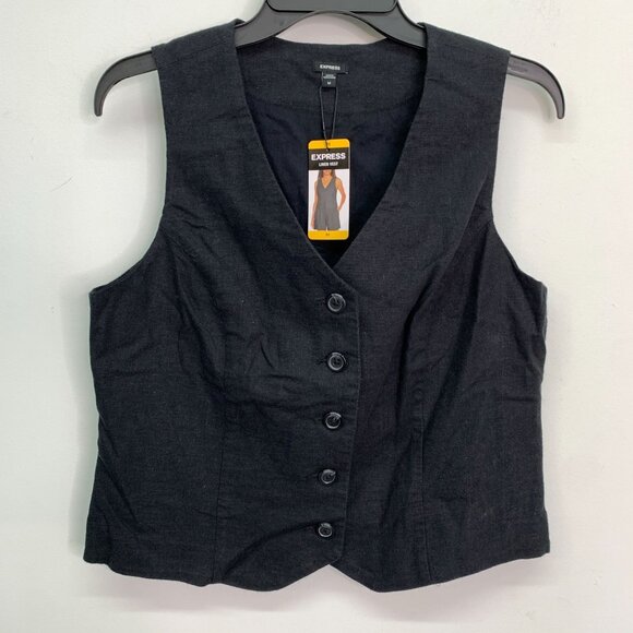 Express Women's Vest M Classic Fit V-Neck Button Up Linen Vest Black Size M - Picture 1 of 7